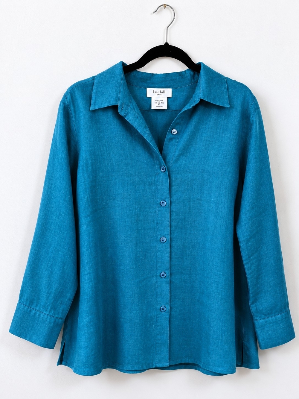Kate Hill Petite 100% Linen Button Front Shirt Teal Blue PL Coastal